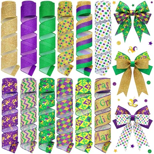 12 Rolls Mardi Gras Wired Edge Ribbon for Wreaths 2 Inch x 60 Yards Purple Green Yellow Stripe Print Grosgrain Ribbon for Mardi Gras Party Decorative Supplies (12 Count)