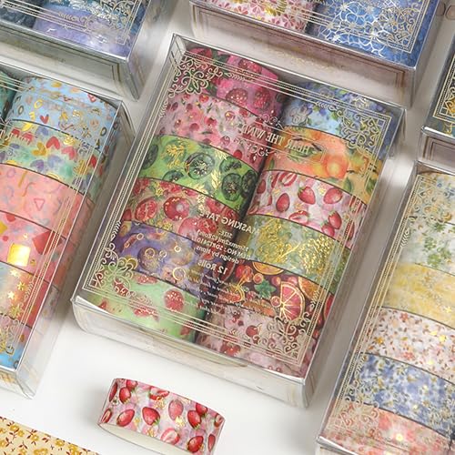 12 Rolls Charming Washi Tape Set Gold Silver Foil Detailing Arts Adhesive Tapes Basic Patterns Decorative Masking Tape Sets for Craft (39.3701 Foot)