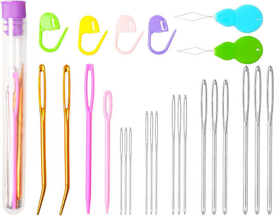 Hekisn 25Pcs Large Eye Blunt Yarn Needles Kit, Assorted Sizes Bent Tapestry Darning Needle & Stitch Markers &Threaers for Knitting, Crochet (Purple)