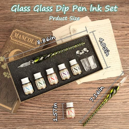 Glass Dipped Crystal Calligraphy Pen Set with 5 Colorful India Ink (6 Count)