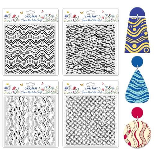 4 Pcs Artistic Wavy Polymer Clay Texture Sheets Wavy Lines Silicone Texture Stamp Seamless Pattern Modeling Pattern Pad Sheets for Jewelry and Earrings Tools