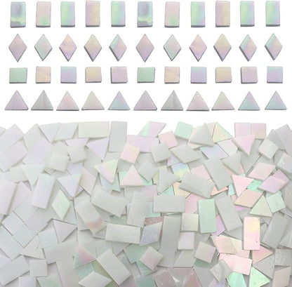 Iridescent White Glass Mosaic Tiles for Crafts, 280 Pcs Mixed 4 Shapes Stained Glass Sheets, Mosaic Kit for Adults Kids, Supplies for Mosaics