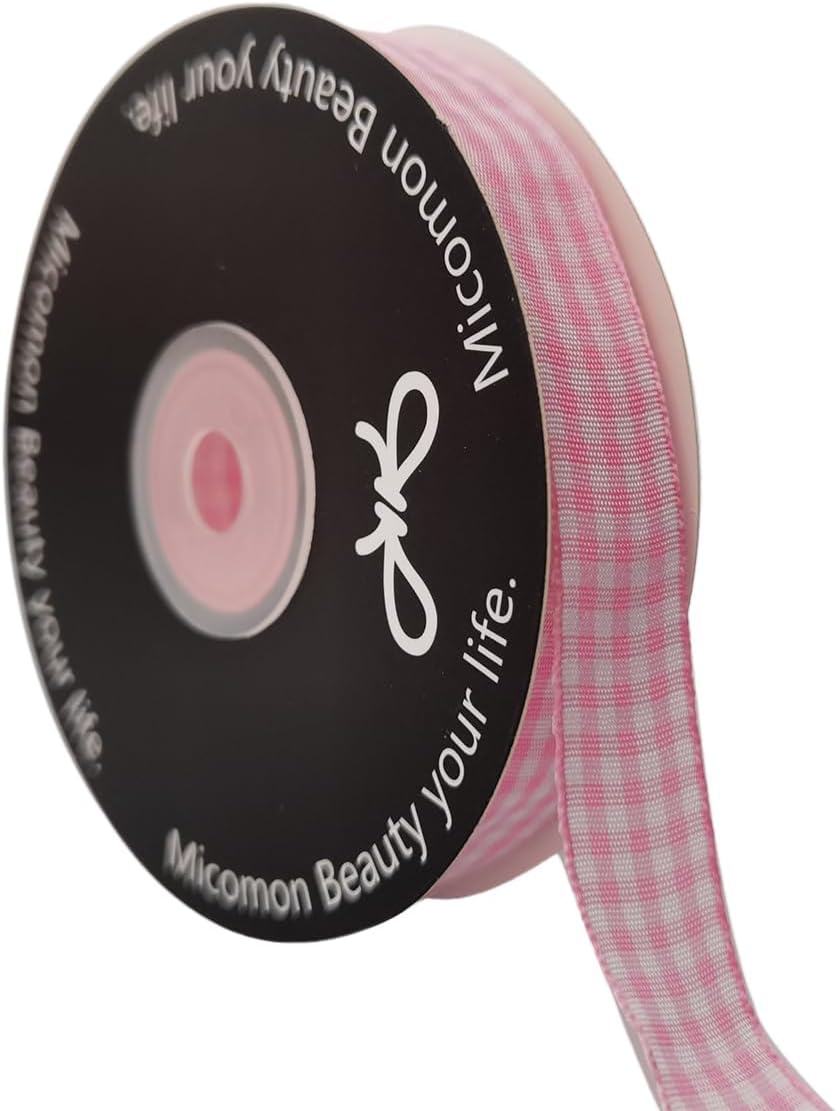 Pink Gingham Plaid Checked Ribbon 25 Yards Each Roll 100% Polyester (5/8",Pink) - Crafty Corner