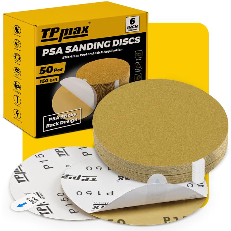 6-Inch 150-Grit Gold PSA Sanding Discs, 50 Pack – Pro-Grade Self-Adhesive Stickyback Sandpaper with Quick-Release Tabs for DA Sander, Medium-Fine Automotive/Wood/Metal Sanding (50 Count)