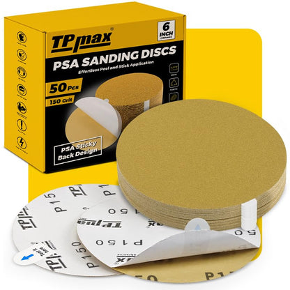 6-Inch 150-Grit Gold PSA Sanding Discs, 50 Pack – Pro-Grade Self-Adhesive Stickyback Sandpaper with Quick-Release Tabs for DA Sander, Medium-Fine Automotive/Wood/Metal Sanding (50 Count)
