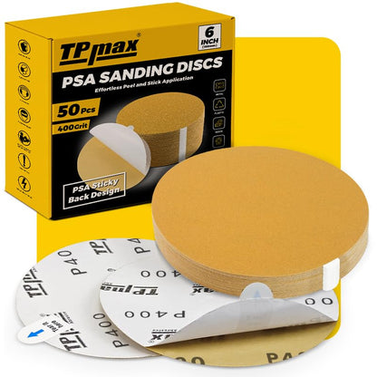 6-Inch 400-Grit Gold PSA Sanding Discs, 50 Pack – Pro-Grade Self-Adhesive Stickyback Sandpaper with Quick-Release Tabs for DA Sander, Superfine Automotive/Wood/Metal Sanding (50 Count)