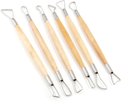 Suiwotin 6pcs Double-Sided Clay Sculpting Tools, Wooden Handle Ribbon Clay Tools, Pottery Trimming Tool, Clay Wire Loop Sculpture Set for Ceramic, Wax Carving Modeling