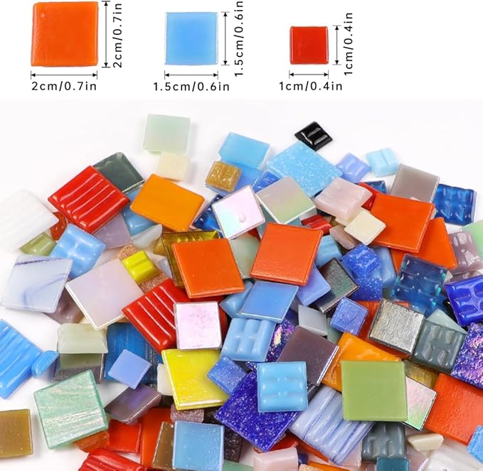 2cm (3/4") Square Vitreous Glass Mosaic Tiles for Crafts Bulk, 1 LB Colorful Mix Quartz Glass Tiles for DIY Art Crafts Kit Adult Kids and Home Deco (1cm,1.5 & 2cm Mix)