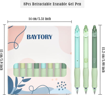 BAYTORY 8Pcs Cute Retractable Erasable Gel Pens, Blue and Black Ink Pen with Eraser Clear, Smooth Writing Comfortable to Use for Note Taking Marking Planner Crossword Puzzles (Green)