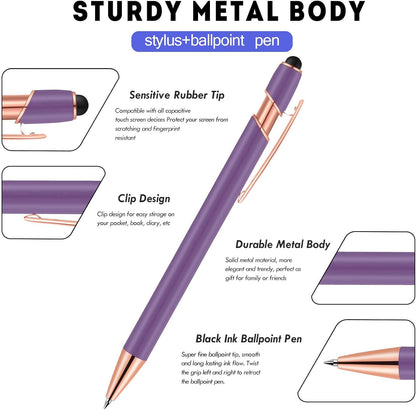 12 PCS 2 in 1 Stylus Ballpoint Pen with Stylus Tip, 1.0 mm Black Ink Metal Pen Stylus Pen for Touch Screens (Light Purple)