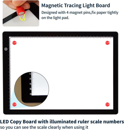 A4 Ultra-thin Portable LED Light Box Tracer with 4 Magnets, Type C USB Power Cable Stepless Dimmable Brightness Tracing Light Pad for Weeding Vinyl Tattoo Drawing X-ray Viewing Diamond Painting