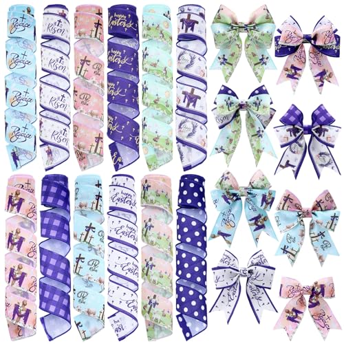12 Rolls Spring Easter Ribbon He is Risen Cross Egg Wired Burlap Ribbon 2 Inch x 60 Lavender Purple Easter Decor Ribbons for Spring Wreath Tree Bow DIY Crafts Gift Wrapping Party Supplies 12 Styles (12 Foot)