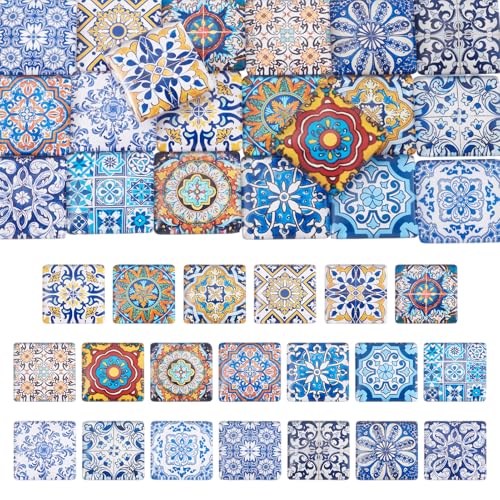 20Pcs 30mm Square Glass Cabochons Flower Printed Mosaic Tile Glass Cabochon Vintage Flower Floor Dome Cabochon for Photo Pendant Earrings Necklace Bracelet Keychain Rings Jewelry Making