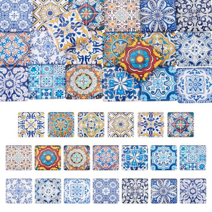 20Pcs 30mm Square Glass Cabochons Flower Printed Mosaic Tile Glass Cabochon Vintage Flower Floor Dome Cabochon for Photo Pendant Earrings Necklace Bracelet Keychain Rings Jewelry Making