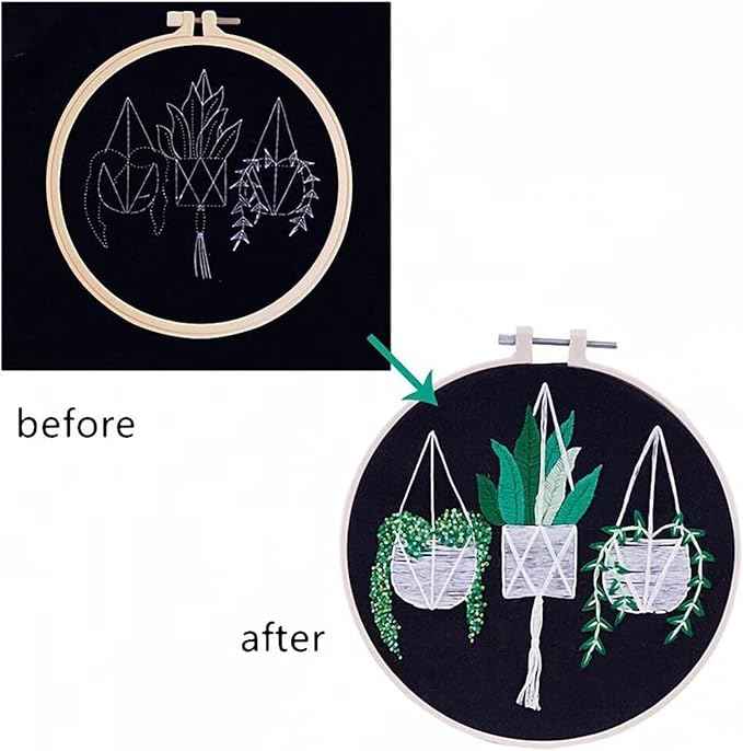 Act Iron Embroidery Starter Kit Full Range of Starter Including Instructions Stamped Cloth with Pattern Hoop Color Threads and Tools Crafts for Adults(Cactus Green Plants)
