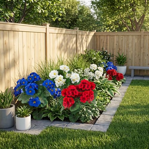 12 Pcs Artificial Geranium Flowers for Outdoors Geranium Silk Red White Blue Flowers Outdoor UV Resistant Plants Faux Patriotic Flowers for 4th of July Home Decor