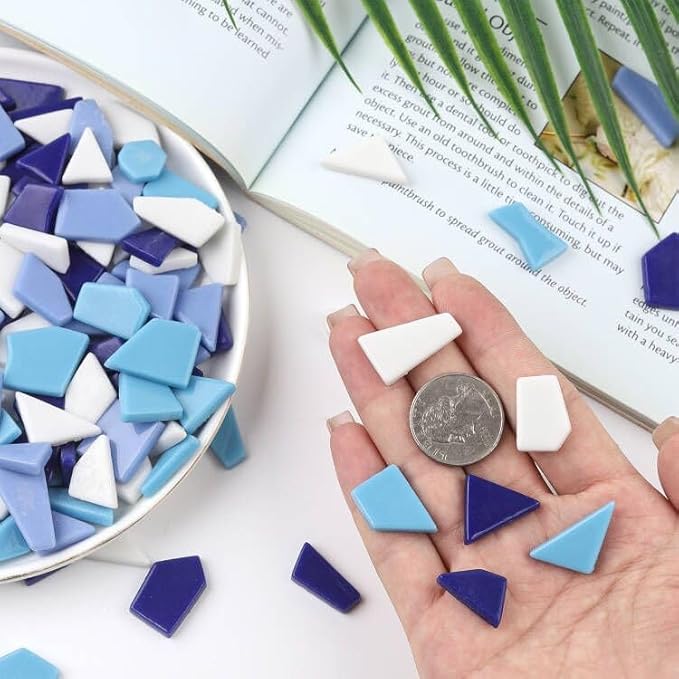 Youway Style Blue Glass Mosaic Tiles for Crafts Bulk,200g Broken Glass Pieces for Mosaic Art Crafts,Garden Mosaic Supplies (Mixed Blue)
