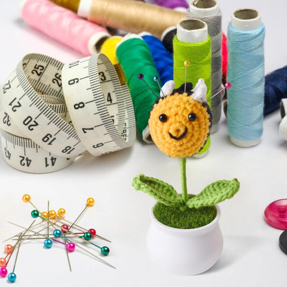Bee Pin Cushion, Handmade Knitted Pincushions, Cute Pin Cushions Needle Holders for Sewing Quilting Accessory, DIY Crafts or Patchwork Decor.Flowerpot Design Bee