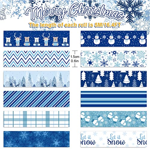 12 Rolls Winter Washi Tape Blue White Snowflake Snowman Holiday Masking Tape Xmas Tree Reindeer Assorted Pattern Washi Tape for Scrapbook Journal DIY Craft Gift Wrapping Party Decor (196.8 Foot )