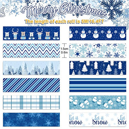 12 Rolls Winter Washi Tape Blue White Snowflake Snowman Holiday Masking Tape Xmas Tree Reindeer Assorted Pattern Washi Tape for Scrapbook Journal DIY Craft Gift Wrapping Party Decor (196.8 Foot )