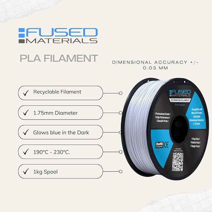 Fused Materials PLA 3D Printer Filament Fused Materials - 1kg Spool, 1.75mm, Dimensional Accuracy +/- 0.03 mm