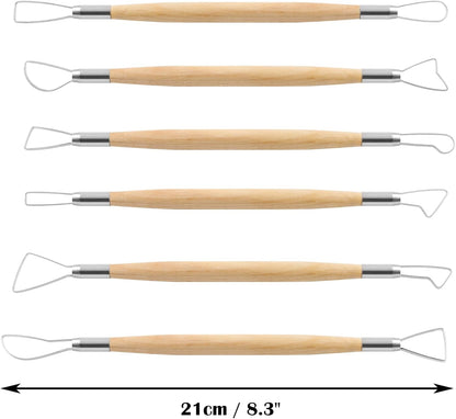 Suiwotin 6pcs Double-Sided Clay Sculpting Tools, Wooden Handle Ribbon Clay Tools, Pottery Trimming Tool, Clay Wire Loop Sculpture Set for Ceramic, Wax Carving Modeling