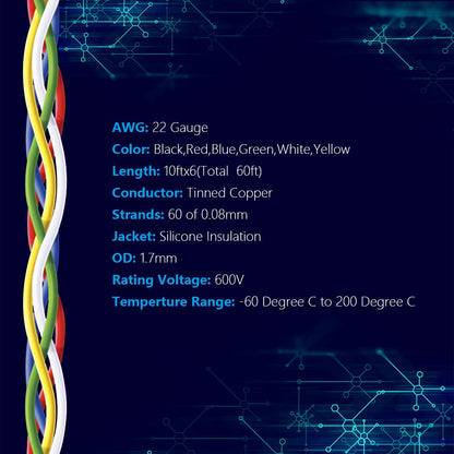 Fermerry 22 AWG Stranded Wire Spool 10ft Each 6 Colors Flexible 22 Gauge Silicone Hook up Wire Kit Electrical Tinned Copper Wire