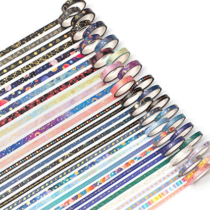 Skinny Galaxy Washi Tape Set 30 Rolls Gold Foil Decorative Starry Space Masking Tapes for Arts (295 Foot)