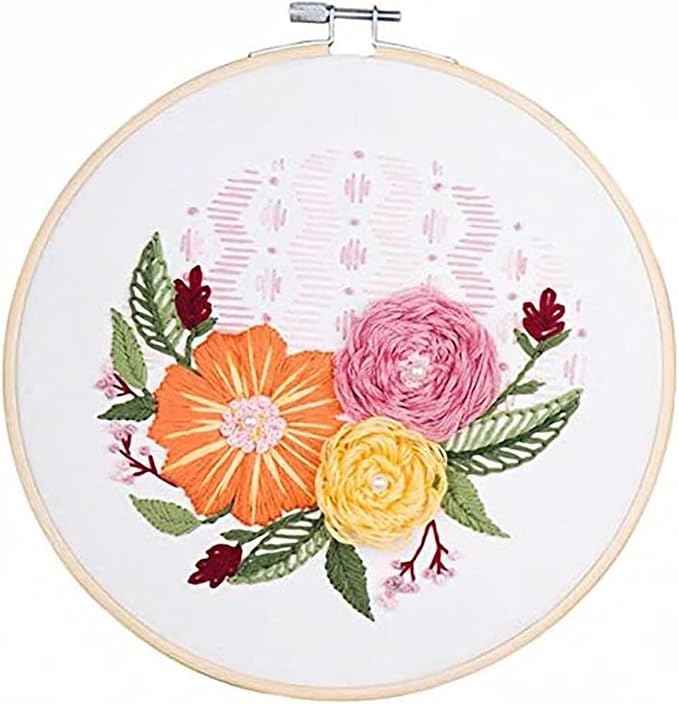 BlingBling5 Embroidery Kits for Adults Full Range of Starter Including Instructions Stamped Cloth with Pattern Hoop Color Threads and Tools Punch Needle Kit(Flowers)