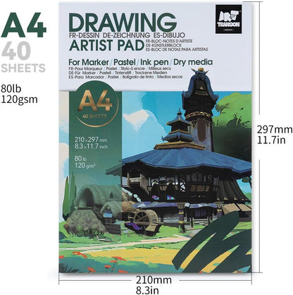 TRANSON Artist Mix Media Sketchbook Marker Pad, 8.3”x11.7” 40 Sheets A4 Art Papers, 80lb/120gsm for Painting, Drawing and Sketching - Crafty Corner