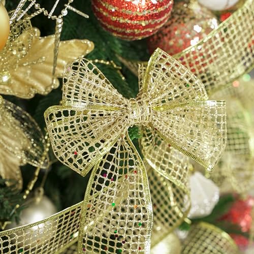 Gold Glitter Christmas Ribbon 2.5 Inch Square Mesh Net Wired Ribbons with Rainbow Sparkle Wired Ribbons Gold Ribbon for Christmas Tree Decoration (30 Foot)