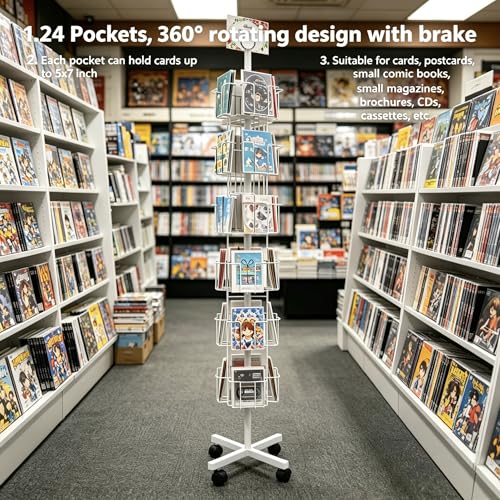 White Greeting Card Display Rack Rotating Flyer Stand 24 Pocket