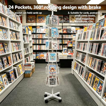 White Greeting Card Display Rack Rotating Flyer Stand 24 Pocket