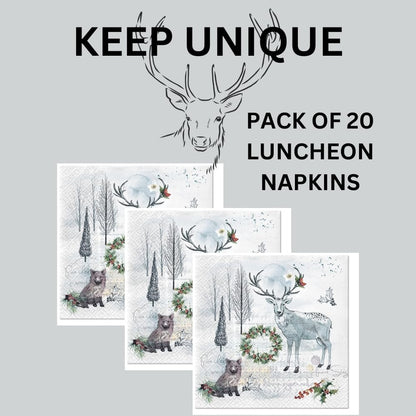 20-ct 13x13 Christmas Paper Decoupage Napkins, 3-Ply Servilletas Tissue Napkin for Dinner and Parties, Disposable Napkins (Animal Winter)