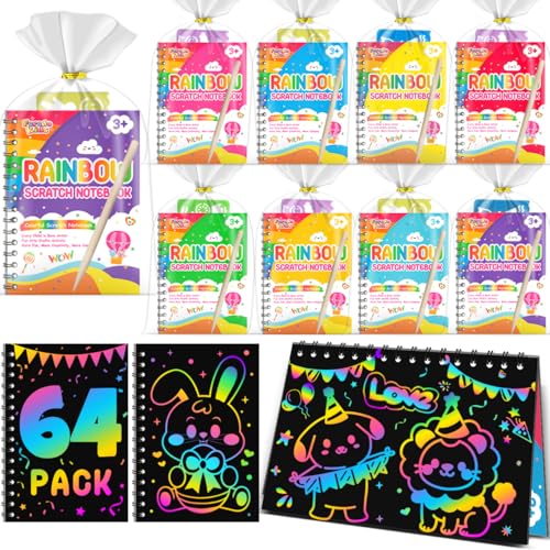 64 Pack Rainbow Scratch Notebook Art Party Favors for Kids