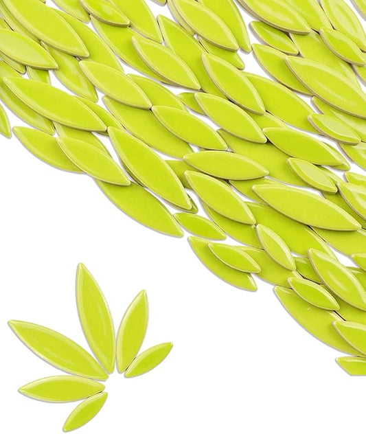 200g Ceramic Petals Bulk Mosaic Tiles for Craft, Small Oval Stepping Stone Kit, Glazed Porcelain Pieces for Coaster Tray House Number Mirror Lamp Home Decorations (Lime)