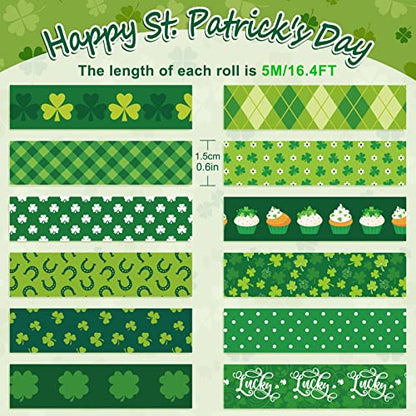 12 Rolls St. Patrick's Day Washi Tape Green Shamrock Washi Masking Tapes 15mm Clover Plaids Lucky Holiday Paper Tape Sticker for Irish Party Scrapbook Gift Packing DIY Craft Decor (196.8 Foot)