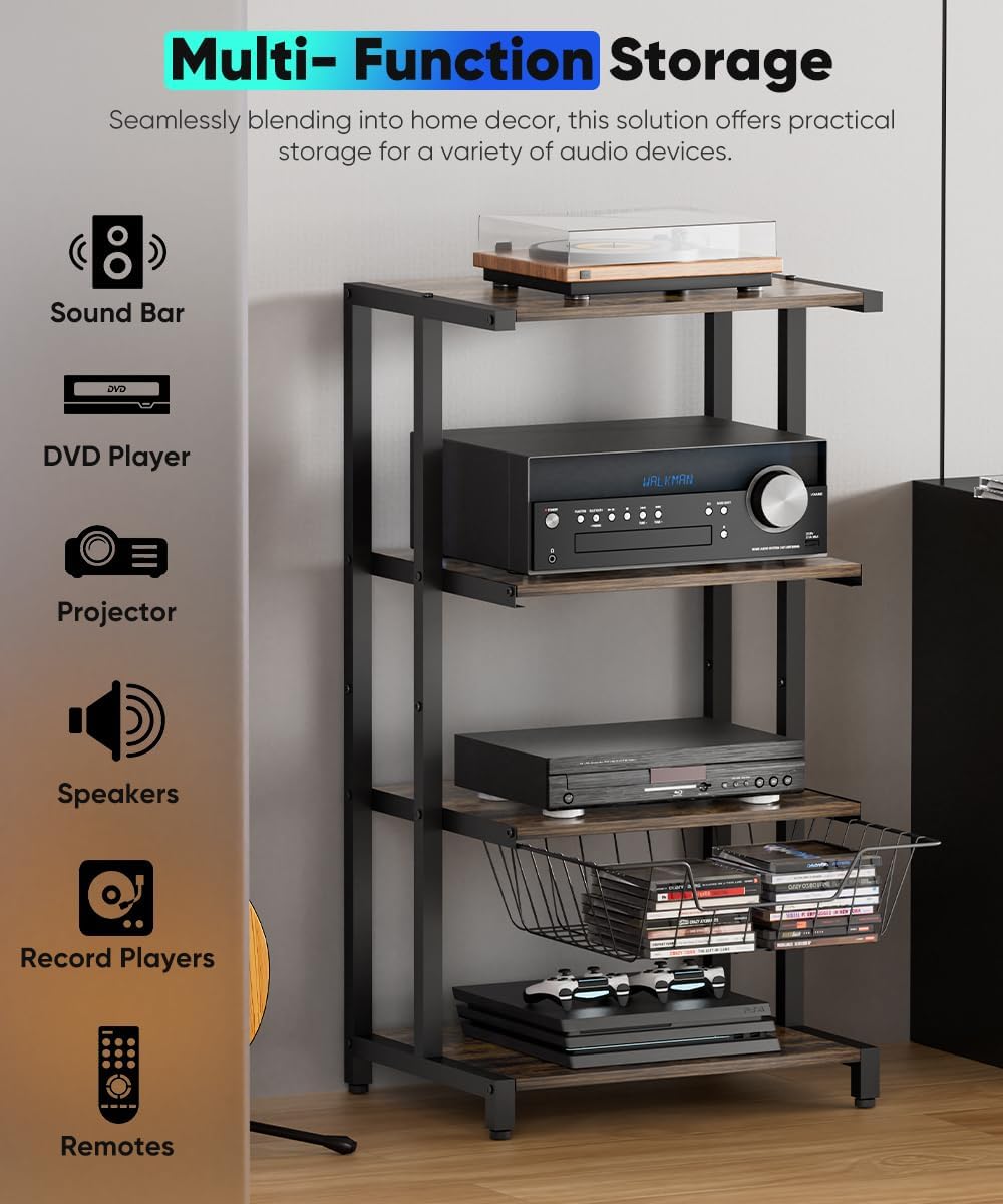 Media Stand with Detachable Baskets, 4-Tier AV Media Stand Corner Shelf for DVD Players/Cable Boxes/Games Consoles, Audio Storage Rack for Living Room, Gaming Room, Music Studio, Black