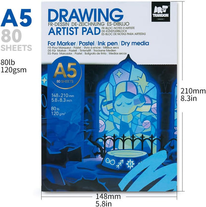 TRANSON Artist Mix Media Sketchbook Marker Pad, 5.8”x8.3” 80 Sheets A5 Art Papers, 80lb/120gsm for Painting, Drawing and Sketching - Crafty Corner