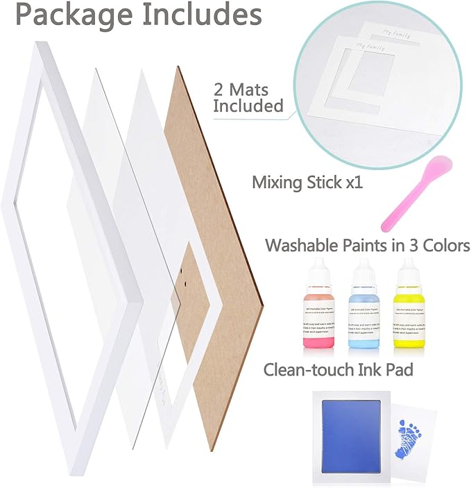 NWK DIY Family Photo + Family Hand/Footprints Kit with 10 X 17inch Elegant White Wood Picture Frame, Non-Toxic Watercolor Paints, Baby Shower Adoption Father's Day Gift for New Mom Dad (with Ink pad)