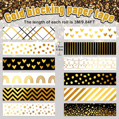 12 Rolls Gold Foil Pattern Washi Tape Heart Dot Stripe Rainbow Masking Tape Set Decorative Wrapping Paper Tapes for Scrapbook Journal DIY Art Crafts (12 Count)