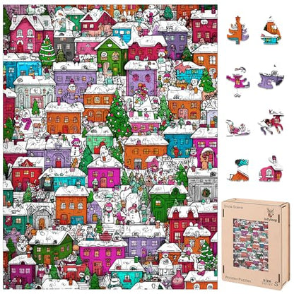 Snowman Village Wooden Puzzle 200pcs Unique Shaped Jigsaw Gift (200 Count)