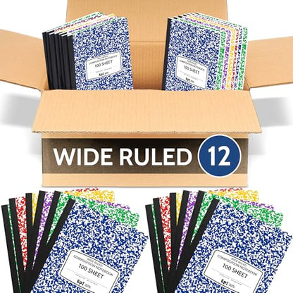 12 Pack EPI Wide Ruled Composition Notebook Assorted Marble Colors