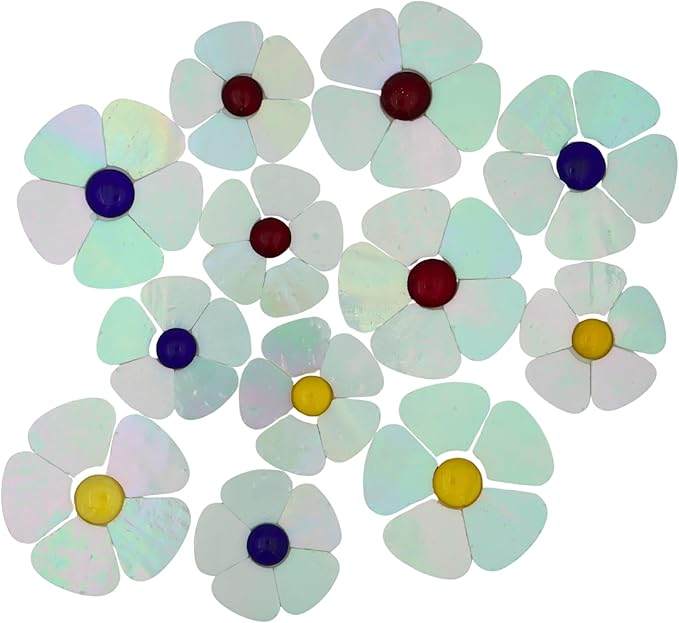 Yuvori Iridescent Flower Mosaic Tiles – 12pcs Mixed Sizes, 5-Petal Iridescent Mica Flowers with Center Beads for DIY Mosaic Art, Fairy Garden, Home Craft, Outdoor Decor (Iridescent White)