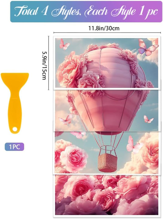 GLOBLELAND 4 Sheets Pink Roses Hot Air Balloons Rub on Transfers Pink Flower Furniture Decor Transfers Romance Butterflies Decal Transfers Stickers for Bedroom Living Room Desk Table Valentine's Day