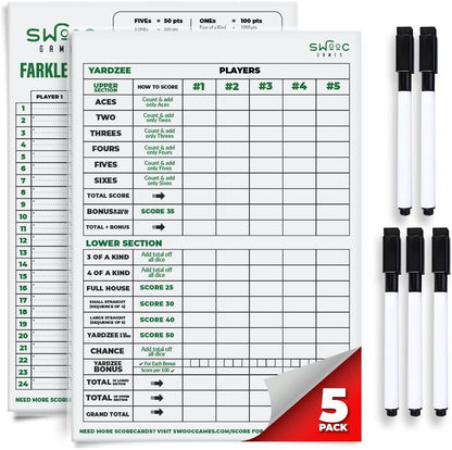 SWOOC Games® - 5 Big Premium Laminated Yardzee & Farkle Score Cards (11.5in x 8in) with Rules - Large Reusable Dry Erase Pads for Giant Outdoor Dice