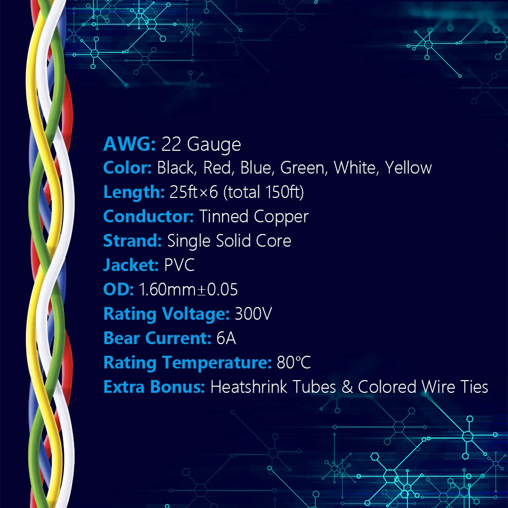 Fermerry 22 AWG Solid Core Wire Spool 25ft Each 6 Colors Flexible 22 Gauge Hook up Wire Kit Electrical Tinned Copper Wire PVC