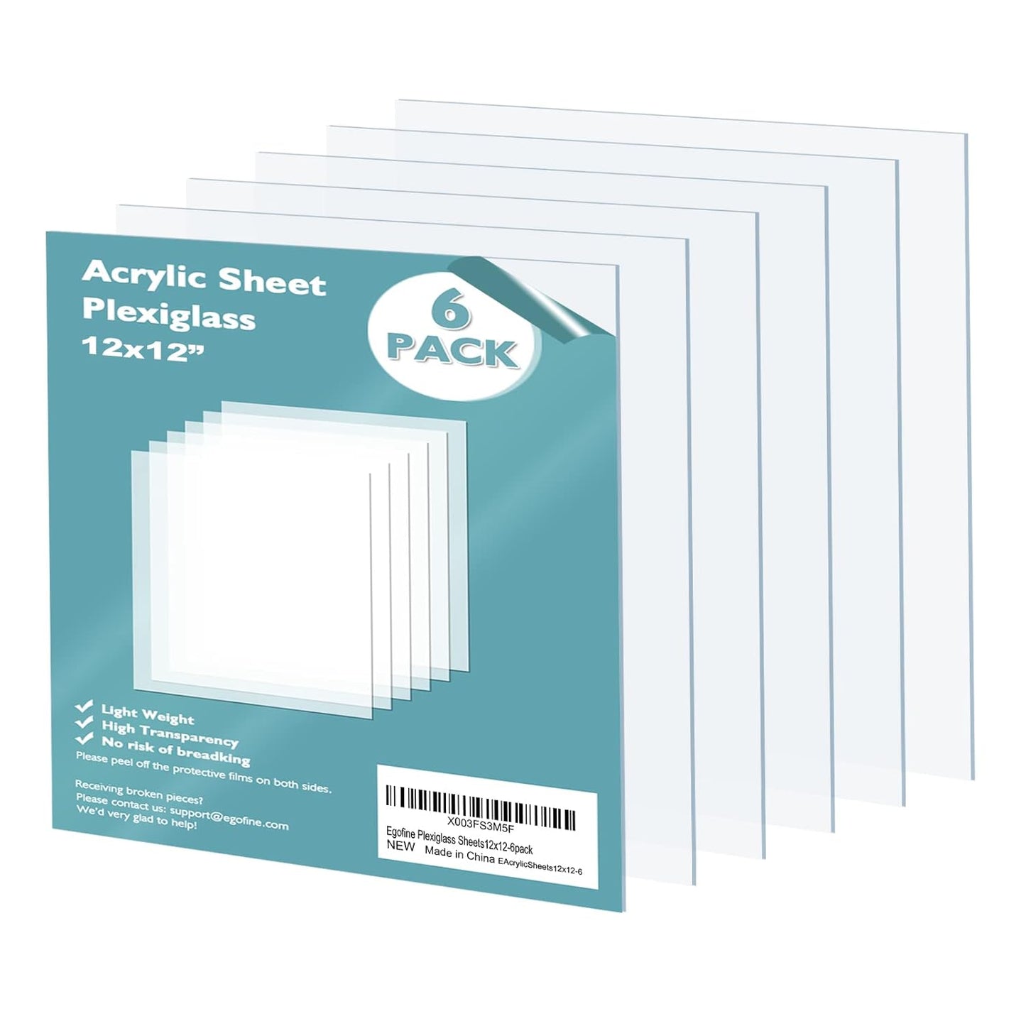 Egofine Plexiglass Sheets Acrylic Sheets 6 Pack of 12x12’’ 0.04 Thick Clear Plastic Cast Transparent Plexi Glass for Crafting Projects, Replacement Picture Frame Glass, DIY Display, Easy to Cut