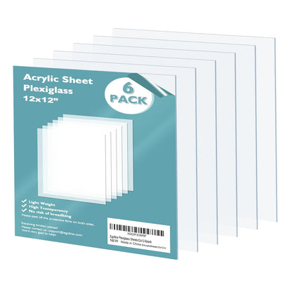 Egofine Plexiglass Sheets Acrylic Sheets 6 Pack of 12x12’’ 0.04 Thick Clear Plastic Cast Transparent Plexi Glass for Crafting Projects, Replacement Picture Frame Glass, DIY Display, Easy to Cut