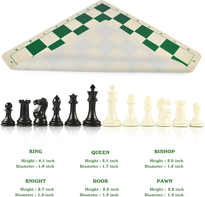 4" King Tournament Chess Set Foldable 20" Silicone Chess Board Mat with 2.2" Squares Green Color, Weighted Chess Pieces- 2 Extra Queens, Carrying Case for Storage and Travel